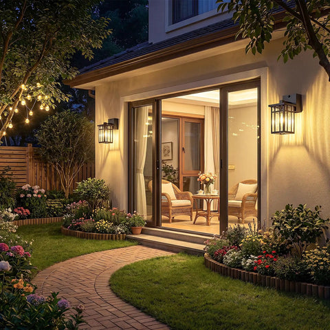 Heavy Duty Matte Black Motion Sensor Outdoor Wall Light With Built In GFCI Outlet No Fuss Secure Porch Lighting For Yard Deck Patio illuminating garden pathway.