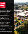 Aerial view of Griot's Garage headquarters and cars, highlighting their commitment to quality standards for car care products.