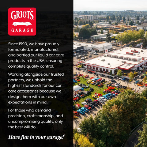 Aerial view of Griot's Garage headquarters and cars, highlighting their commitment to quality standards for car care products.