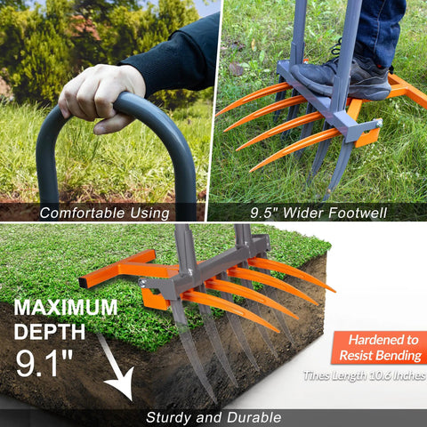 Beast Of A Broad Fork Garden Tool With 9 Tines Heavy Duty Ergonomic U Shaped Handle for spading and digging soil in garden