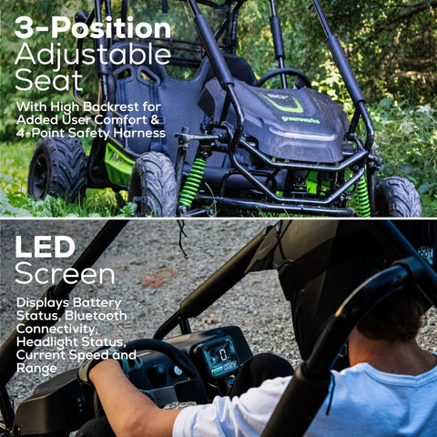 60V Gen 2 Stealth Series All Terrain Two Seat Electric Go Kart For Teens And Youth showing 3-position seat and LED screen