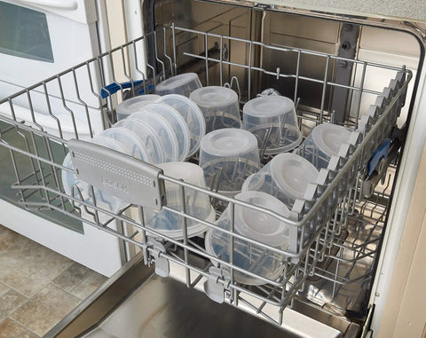 44 Sets Food Storage Containers With Lids 8oz 16oz 32oz, BPA Free, in dishwasher showing easy cleaning, clear deli cups visible