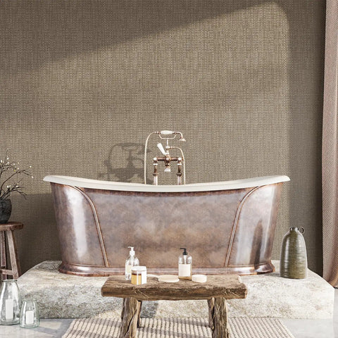 Taupe Metallic Grasscloth Peel And Stick Wallpaper Roll Featuring Faux Woven Texture With Subtle Shimmer in a bathroom setting.