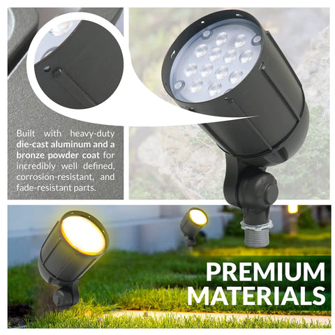 12W Bronze Outdoor LED Flood Light With Weatherproof Build Adjustable Mount for landscape lighting applications on grass