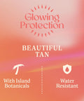 Glowing Protection graphic promoting Continuous Mist Spray With Protective Oil Formula for Beach Bum Essentials and Poolside Chill Sessions SPF 30.