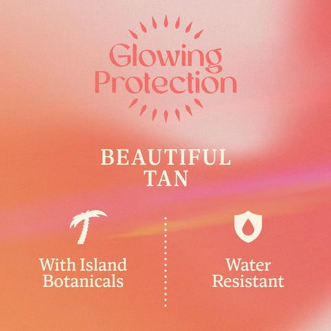 Glowing Protection graphic promoting Continuous Mist Spray With Protective Oil Formula for Beach Bum Essentials and Poolside Chill Sessions SPF 30.