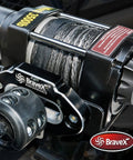 Close-up of BraveX winch from Beefed Up 3500lb Capacity 12V DC Electric Synthetic Rope Winch Kit with IP68 waterproof design