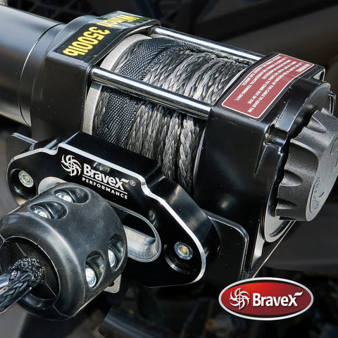 Close-up of BraveX winch from Beefed Up 3500lb Capacity 12V DC Electric Synthetic Rope Winch Kit with IP68 waterproof design