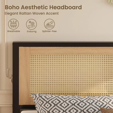 Boho woven metal headboard of Sturdy Full Size Rattan Bed Frame Featuring Boho Woven Metal Headboard And Heavy Duty Slatted Platform Base For Memory Foam Mattresses Putting It Together Is A Total Breeze.