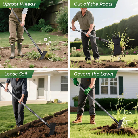 Two In One Weed Puller And Garden Hoe With Long Handle For Easy Weeding Heavy Duty Cast Steel Head And Stainless Shaft For Deep Root Dandelions And Crabgrass No Tool Switching Yard Tool, long-handled garden use