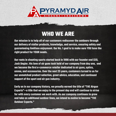 Pyramyd Air logo with mission statement and history of airgun expertise and e-commerce leadership in the sporting industry.
