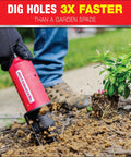 Person using Electric 22 Inch Auto Shutoff Shovel Handheld 12V Li Ion Battery Powered Digging Tool in garden near flower
