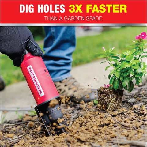 Person using Electric 22 Inch Auto Shutoff Shovel Handheld 12V Li Ion Battery Powered Digging Tool in garden near flower