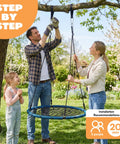 Family assembling a 40 Inch Spider Web Saucer Swing With 750Lb Capacity For Kids Outdoor Backyard Playground Net Swing Easy Assembly.