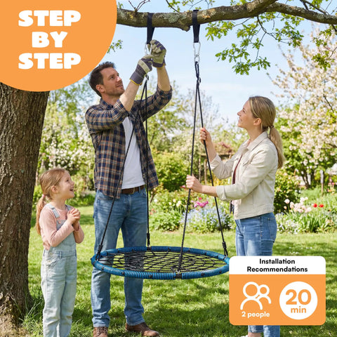 Family assembling a 40 Inch Spider Web Saucer Swing With 750Lb Capacity For Kids Outdoor Backyard Playground Net Swing Easy Assembly.