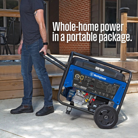 Man moving Gas Powered Portable Backup Generator With Remote Start And Auto Choke, 12500 Peak Watts And 9500 Running Watts