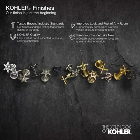 Various KOHLER faucet finishes displayed on dark background, showcasing metal texture and design. Includes Forte Shower Trim Kit With Single Handle Valve Featuring Pressure Balancing Diaphragm For Stable Temps And Anti Scald Protection Includes NPT Sculpted Faceplate text.