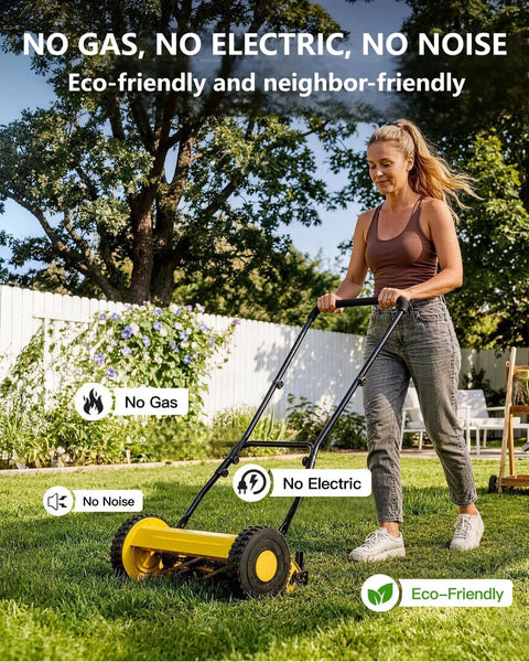 14 Inch Hand Push Reel Lawn Mower With 5 Blade Reel For Precision Scissor Like Cut, Easy To Use Manual Reel Mower With Adjustable Cutting Height 0.4 To 4 Inches, Fits 14 Or 16 Inch Yard Width For Small Yards, woman mowing grass