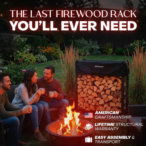 Heavy Duty Firewood Rack For Indoor Outdoor Use, 3-Foot Tall Steel Log Storage Stand With Weather Cover near fire pit