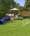 Dog navigating 7 Piece Dog Agility Training Set For Backyard Fun, With Weave Poles, Tunnels, Adjustable Hurdles, Jump Ring, Blue set