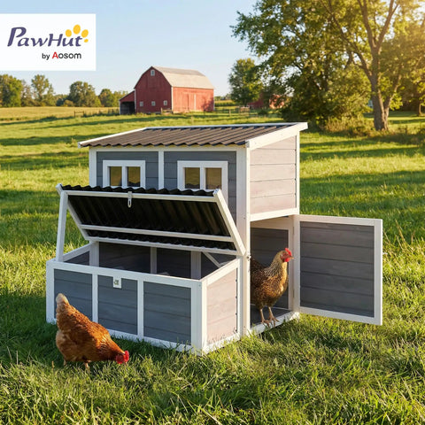Wooden Chicken Coop 39 Inch With Nesting Box And Pull Out Tray, Waterproof Roof, Outdoor Hen House for 2 Chickens, Light Gray in Field