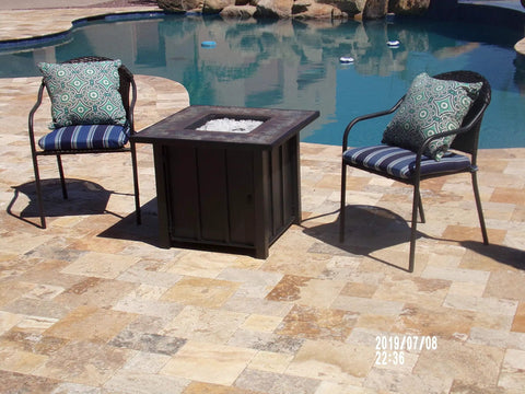Outdoor Propane Fire Pit Table Top With 40,000 BTU, 30x30 Inch Square Tile Table Top beside pool with chairs