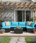 All Weather 7 Piece Outdoor Sectional Sofa Set With Waterproof Cover Wicker Patio Furniture Including Coffee Table Cushions And Rust Resistant Frame Blue Backyard Hangout Conversation Set For Garden And Patio on deck with pergola.