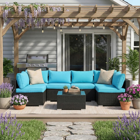 All Weather 7 Piece Outdoor Sectional Sofa Set With Waterproof Cover Wicker Patio Furniture Including Coffee Table Cushions And Rust Resistant Frame Blue Backyard Hangout Conversation Set For Garden And Patio on deck with pergola.
