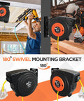 50 Ft Retractable Extension Cord Reel with Beefy Heavy Duty Cable and Multi Outlet Lighted Receptacle Rugged Outdoor Waterproof Design 13 Amp Premium Grade Reel with Mounting Kit on Any Worksite in use