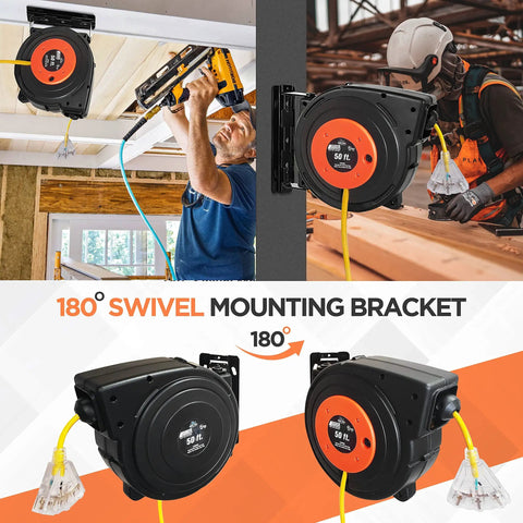 50 Ft Retractable Extension Cord Reel with Beefy Heavy Duty Cable and Multi Outlet Lighted Receptacle Rugged Outdoor Waterproof Design 13 Amp Premium Grade Reel with Mounting Kit on Any Worksite in use
