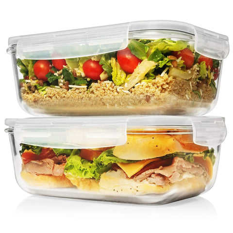 Large 63 Oz Glass Storage Set With Locking Lids, 8 Cup Containers filled with veggies and sandwich, 4 Pack, BPA Free