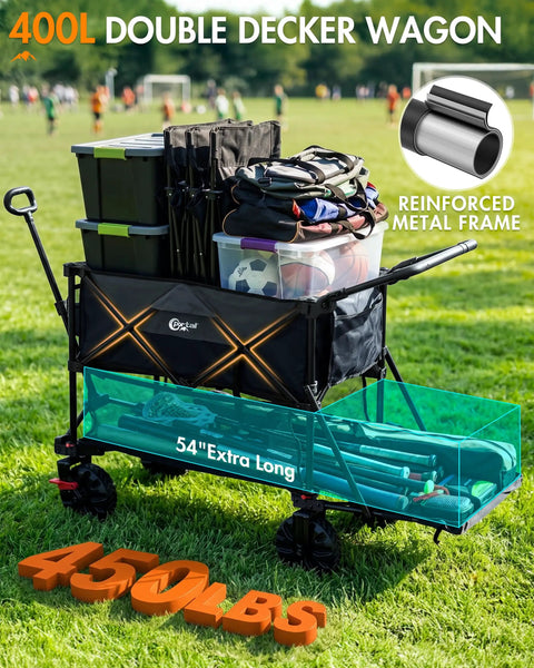 Double Deck Folding Wagon With Canopy And 400L All Terrain Large Capacity Heavy Duty Cart 450 Pound Load Brakes 54 Inch visible at park