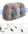 Lumbar Support Pillow For Your Recliner Accent Chair Couch Or Office Chair With Tufted Corduroy Back Cushion shown in grey with spine support illustration.
