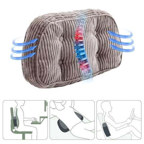 Lumbar Support Pillow For Your Recliner Accent Chair Couch Or Office Chair With Tufted Corduroy Back Cushion shown in grey with spine support illustration.