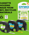 DYMO label refills variety pack with white, yellow plastic, and metallic tape cartridges for assorted labeling.