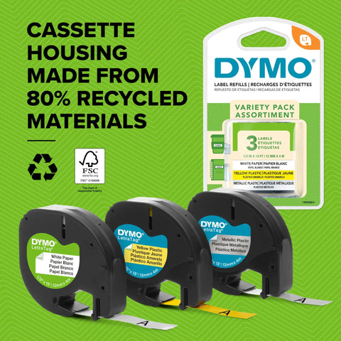 DYMO label refills variety pack with white, yellow plastic, and metallic tape cartridges for assorted labeling.