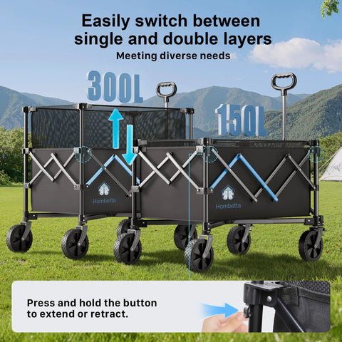 Heavy Duty Folding Wagon Cart With Brakes 39 Inch All Terrain Wheels Adjustable 150L To 300L Storage Capacity