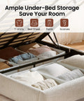 Queen Lift Up Storage Bed Frame With Adjustable Headboard Featuring Premium Chenille Upholstery And Smooth Curved Edges For A Chill Sleep Vibe And Solid Setup In Beige with under-bed storage filled with bedding.