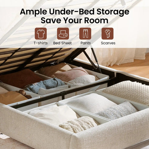 Queen Lift Up Storage Bed Frame With Adjustable Headboard Featuring Premium Chenille Upholstery And Smooth Curved Edges For A Chill Sleep Vibe And Solid Setup In Beige with under-bed storage filled with bedding.