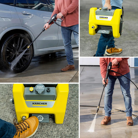 Compact 1700 PSI TruPressure Pressure Washer With 1.2 GPM cleaning car wheel, deck, and sidewalk; portable design shown