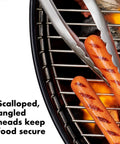 Outdoor Grilling Turner And Tongs Set With Heavy Duty Stainless Steel Construction, scalloped tongs holding sausages on grill