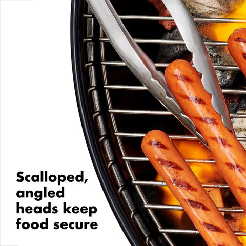 Outdoor Grilling Turner And Tongs Set With Heavy Duty Stainless Steel Construction, scalloped tongs holding sausages on grill