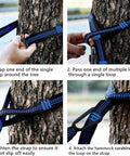 Instructions for setting up Single Portable Parachute Nylon Hammock For Outdoor Adventure using tree straps and carabiners.