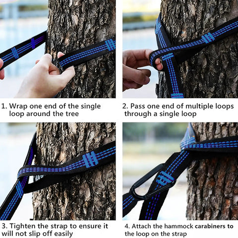 Instructions for setting up Single Portable Parachute Nylon Hammock For Outdoor Adventure using tree straps and carabiners.