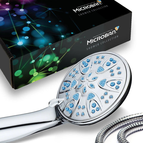 Antimicrobial High Pressure Shower Head with Anti Clog 6 Setting Handheld Spray Microban Protection 4 Inch Face Aqua Blue Jets