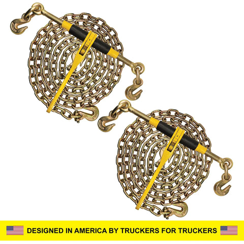 Heavy Duty 5/16 Inch Chain Load Binder Tie Down Kit With 5400 Lbs Working Limit Includes Grade 70 Dot Hauling Chains, coiled chains with hooks.