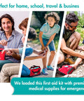 General Medi first aid kit in a red reflective bag; three-panel collage showing home, travel and outdoor use