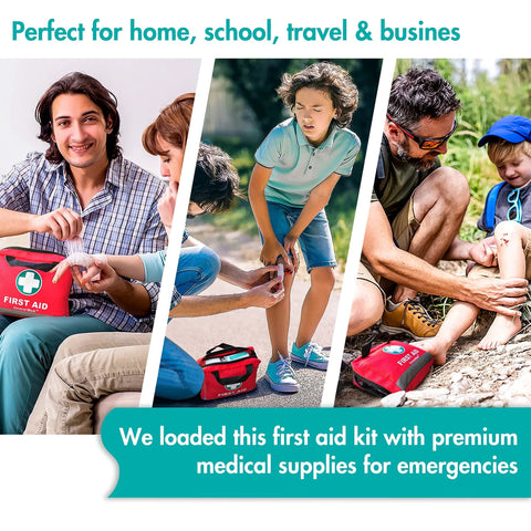 General Medi first aid kit in a red reflective bag; three-panel collage showing home, travel and outdoor use