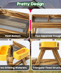Carbonized Wooden Chicken Picnic Table Feeder with Two Water Dispensers showing mesh bottom, separate troughs, and triangular structure.