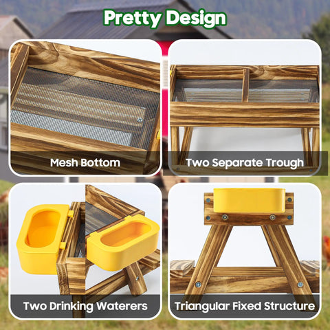 Carbonized Wooden Chicken Picnic Table Feeder with Two Water Dispensers showing mesh bottom, separate troughs, and triangular structure.